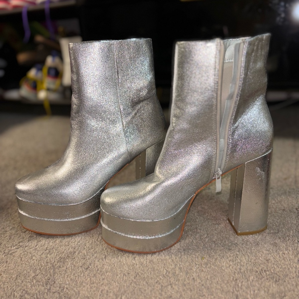 Glaze Silver Platform Ankle Boots with Chunky Heel